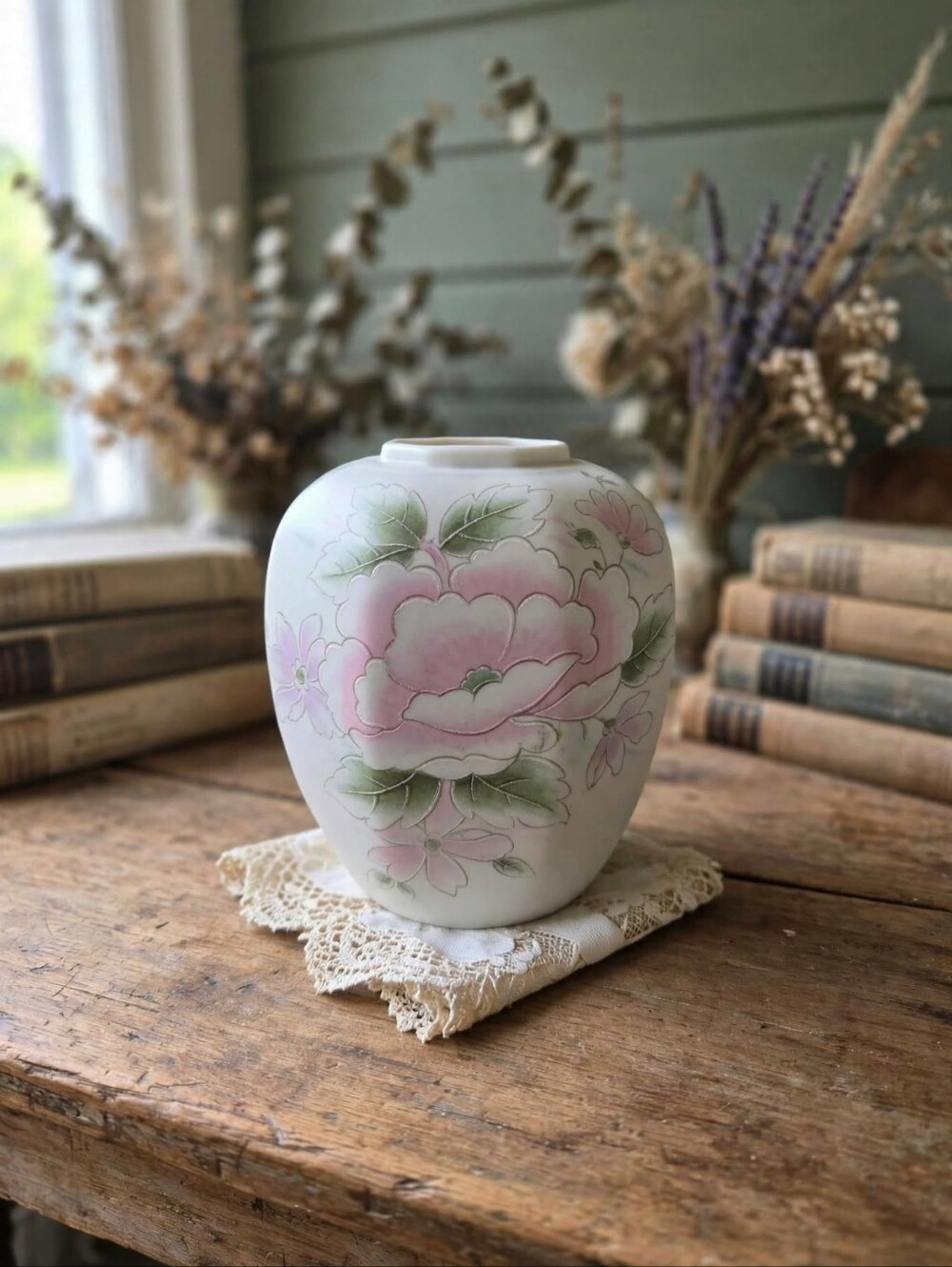 Vintage Porcelanas Claudia Pastel Pink Peony Porcelain Bud Vase